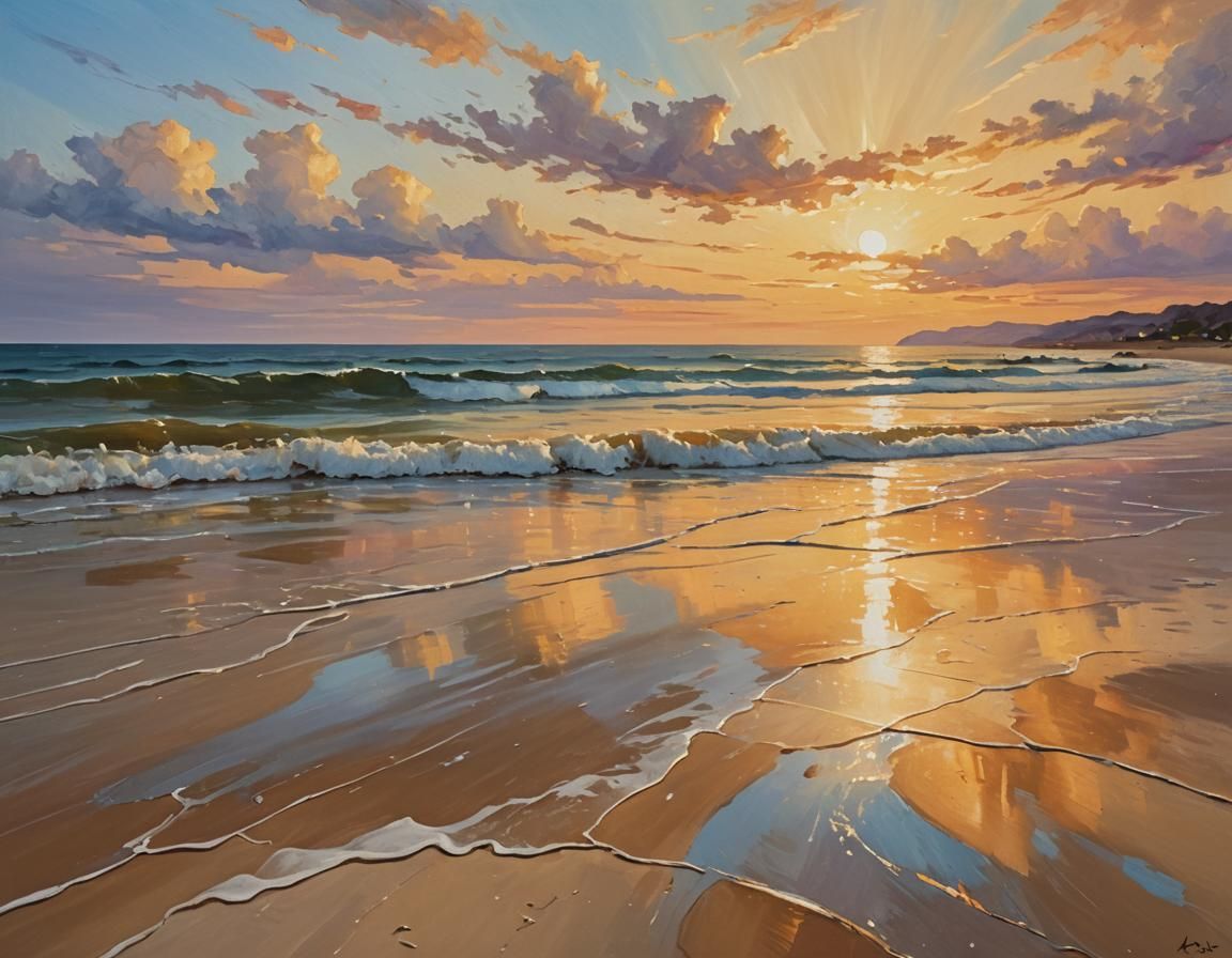 Serene Beach at Sunset in Impressionist Style
