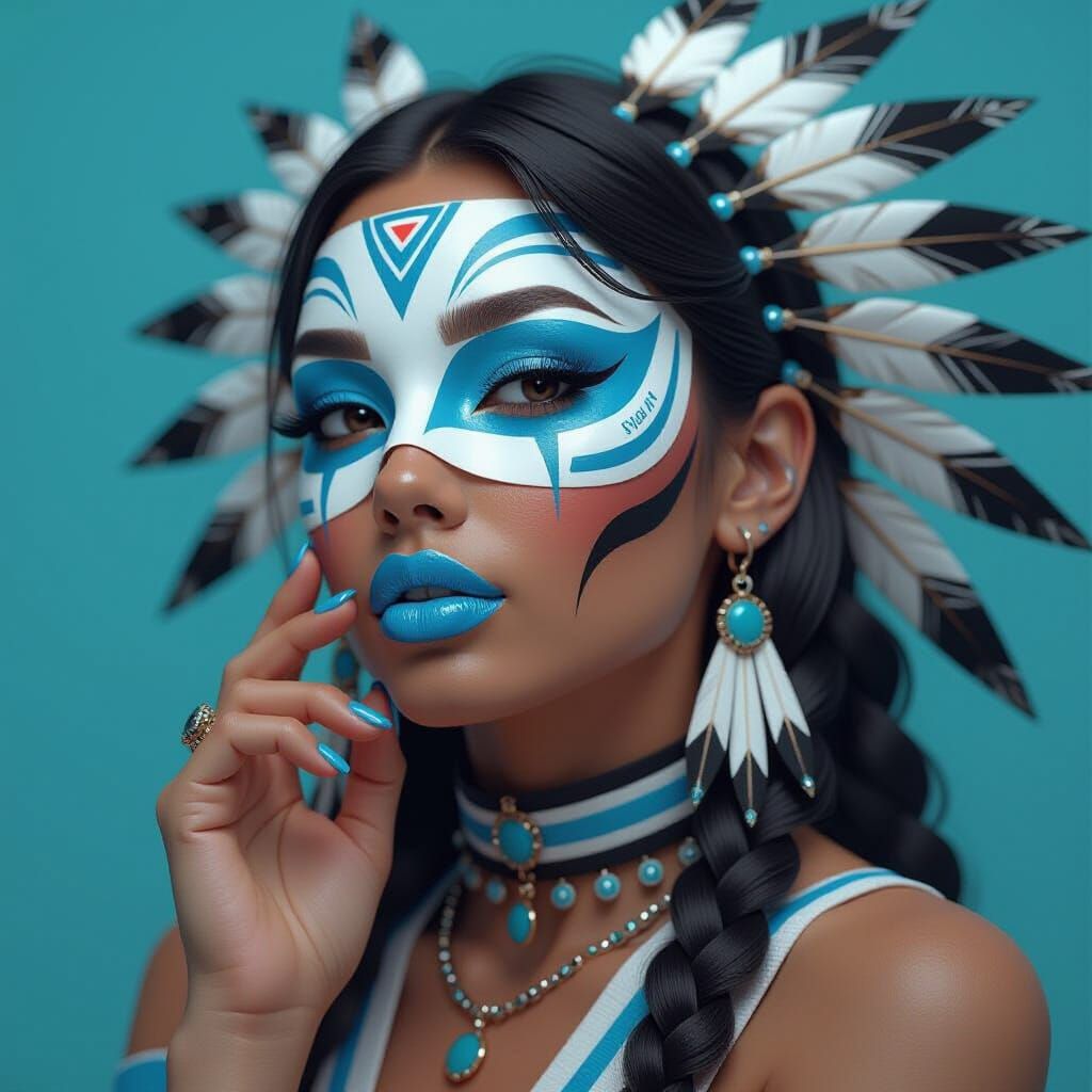Apache Woman with Striped Mask in Anime Style