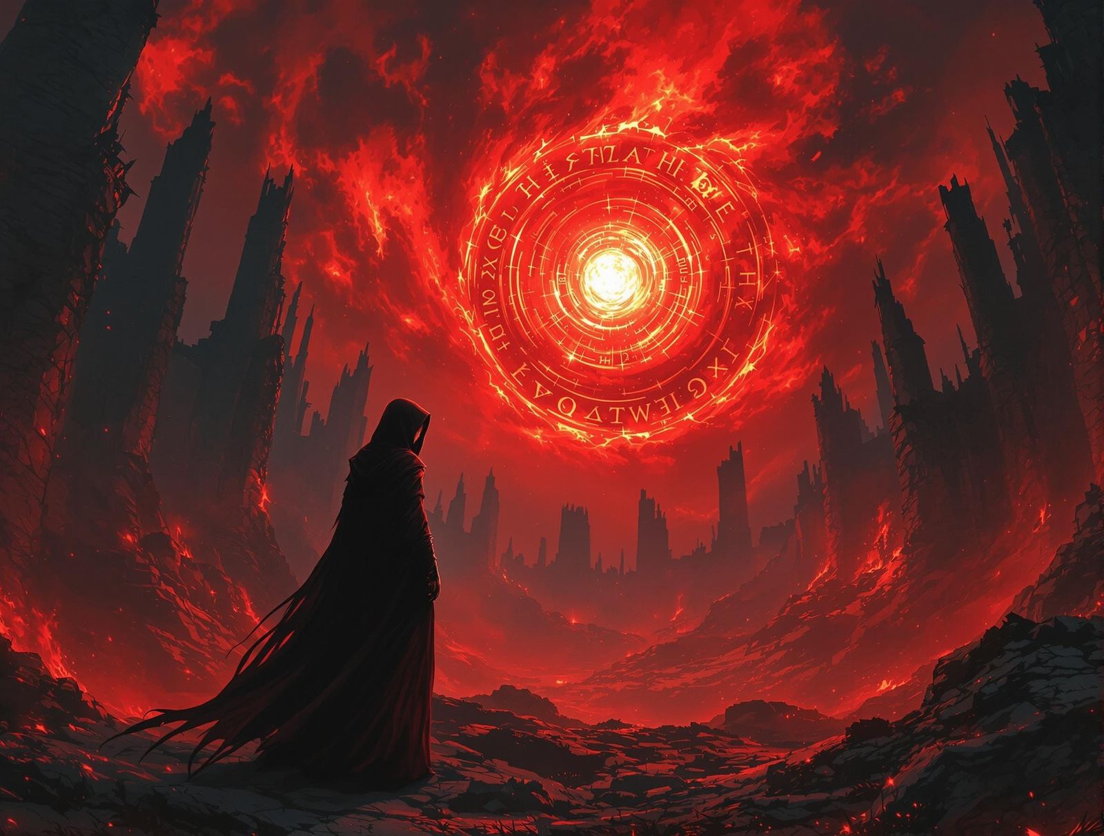 Hooded Sorceress Amidst Gothic Ruins