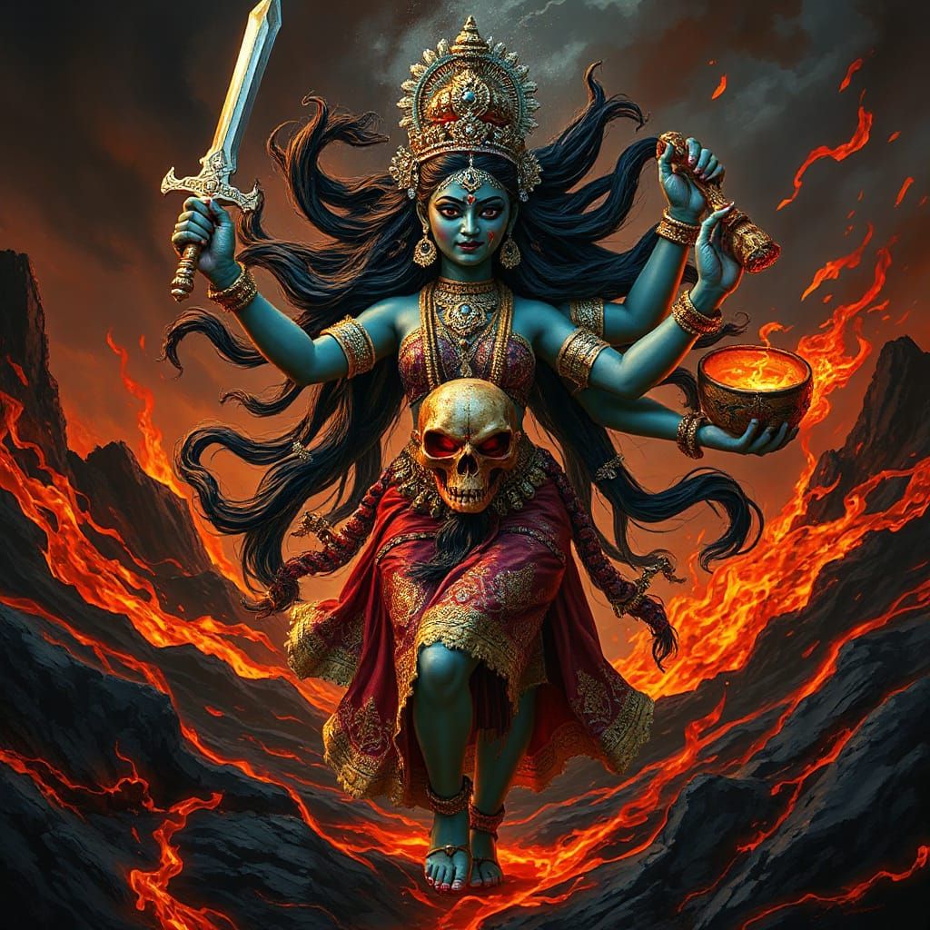 Goddess Kali Dances Amidst Volcanic Eruption