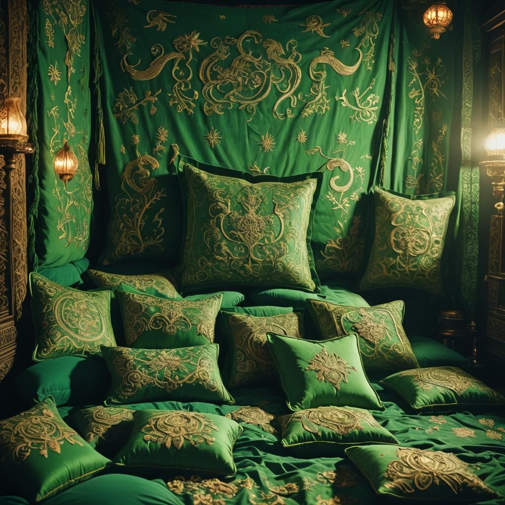 Ornate Green Pillows in Sultan's Chamber