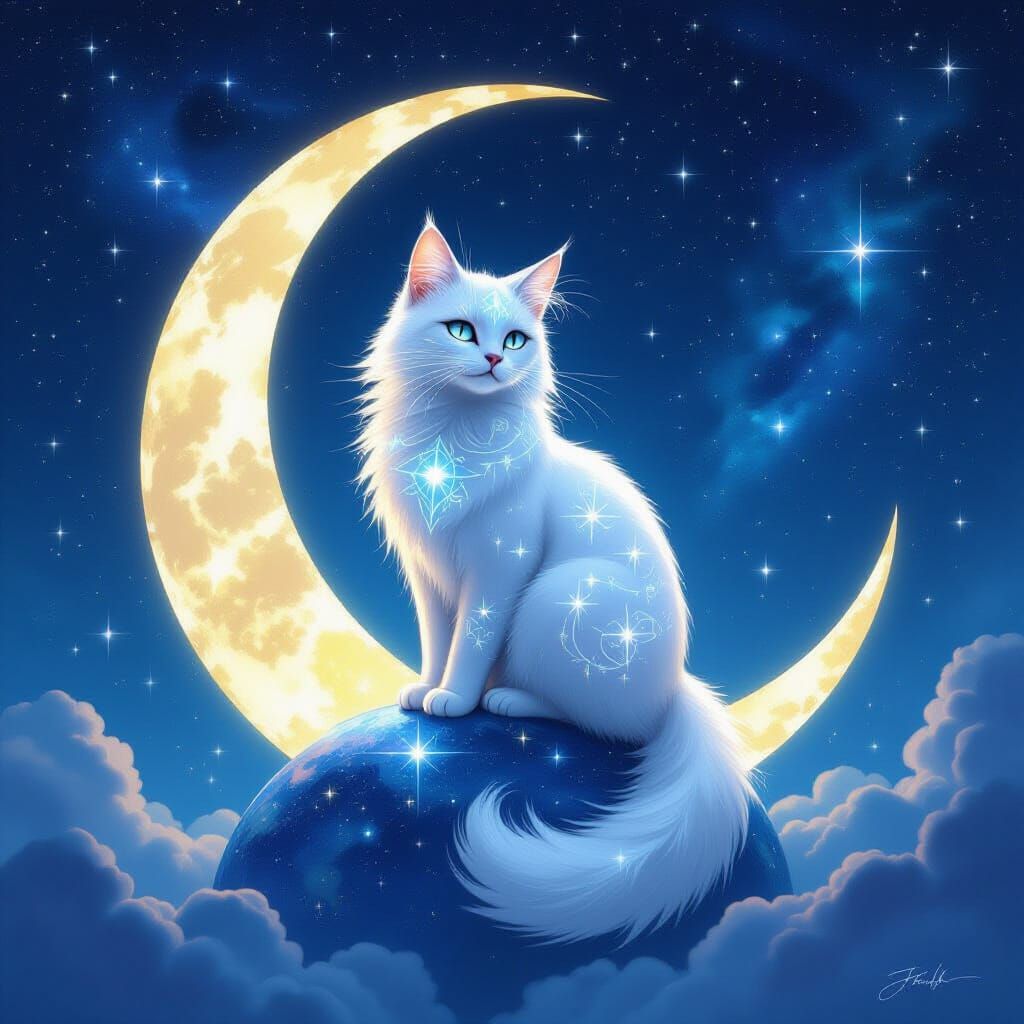Celestial Cat on Moon Overseeing Earth in Starry Sky