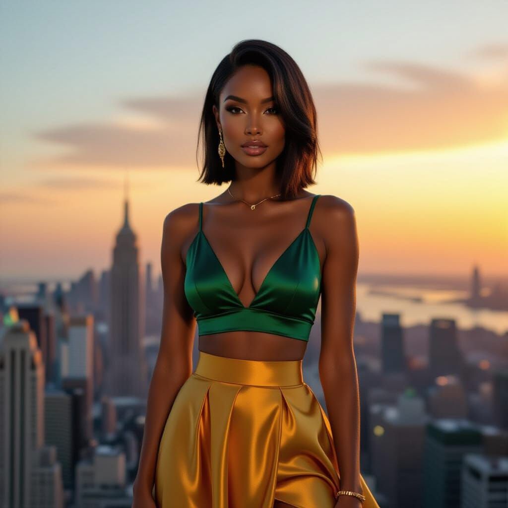 Emerald Green & Gold Evening Glamour: Woman with Ombre Bob