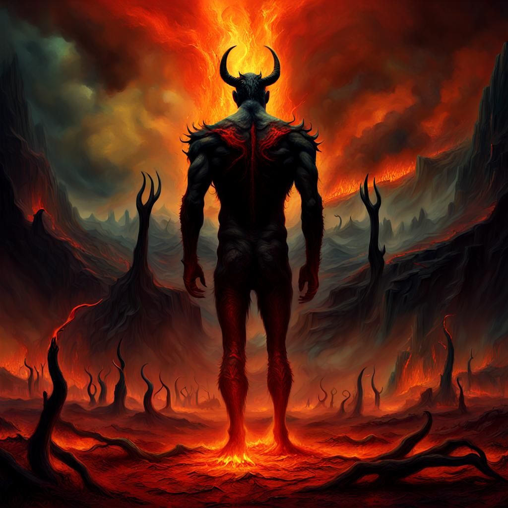 Lucifer in Burning Hellscape: Dark Fantasy Digital Art