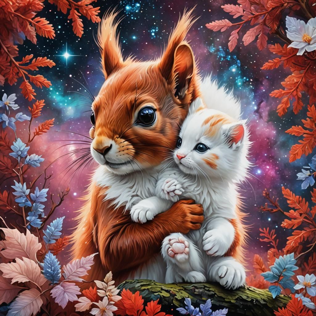 Squirrel Cuddles Kitten: Cosmic Astral Illustration