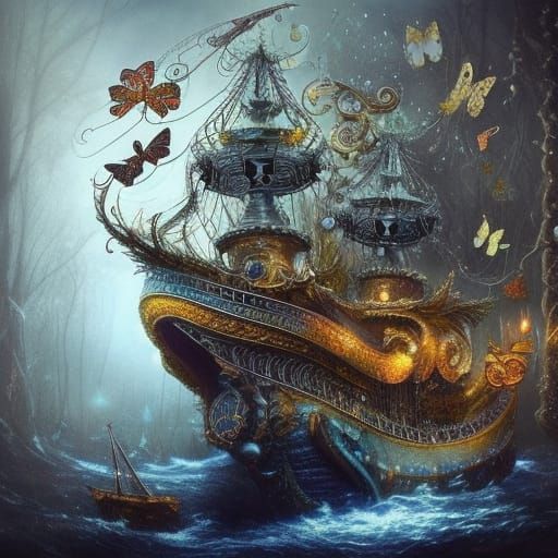 Enchanted Butterfly Pirate Ship in Fairycore Style