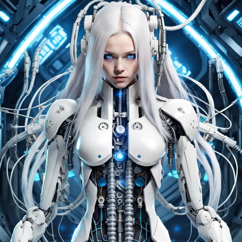 Cyborg Girl with White Hair in Science Fiction Style