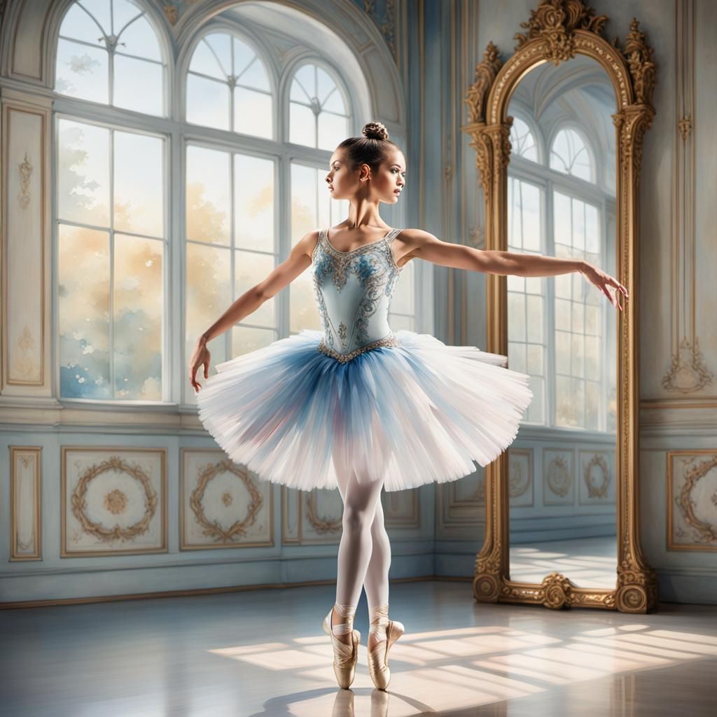 Ballet Dancer in Studio: Watercolor and Ink