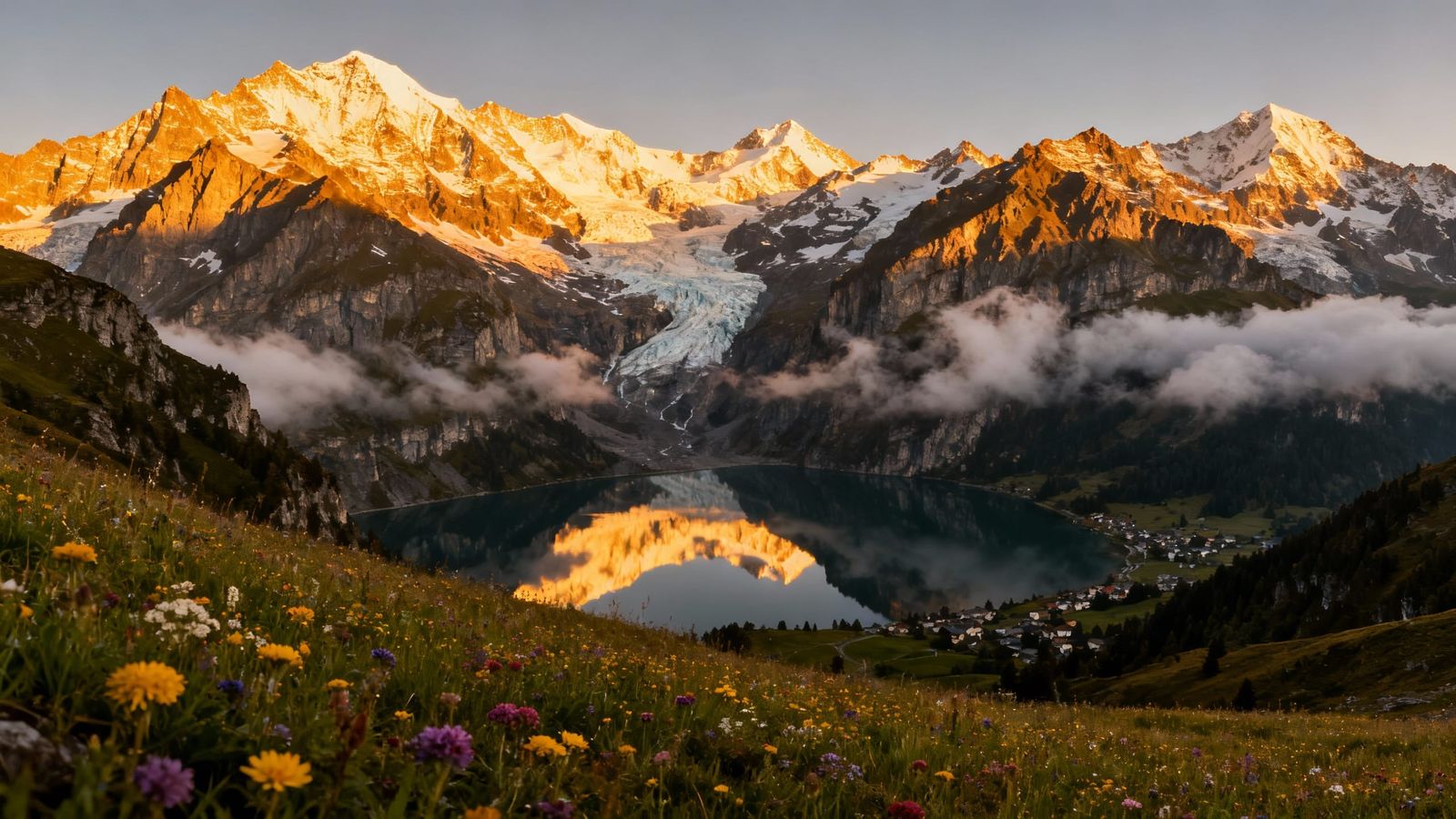 Golden Sunrise Over Majestic Swiss Alps with Alpine Lake