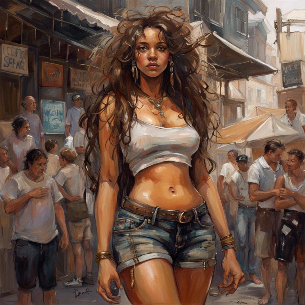 Curvy Girl in Public Market: Detailed Graffiti Art