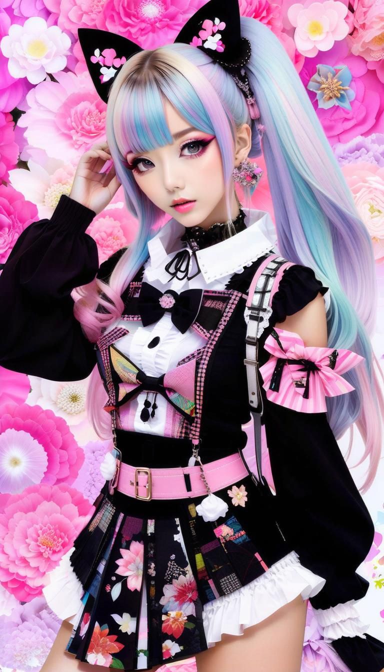 colorful collage of stylish pretty Japanese girls wearing va...