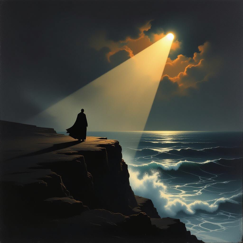 Figure on Cliff Overlooking Turbulent Sea in Dramatic Light