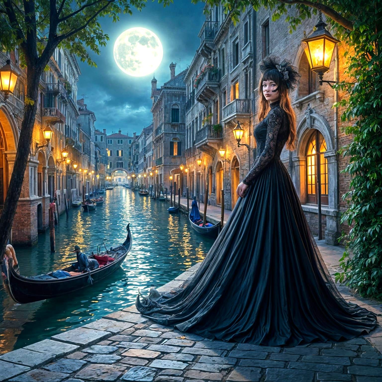 Masked Figure in Venice at Night, Art Nouveau Style