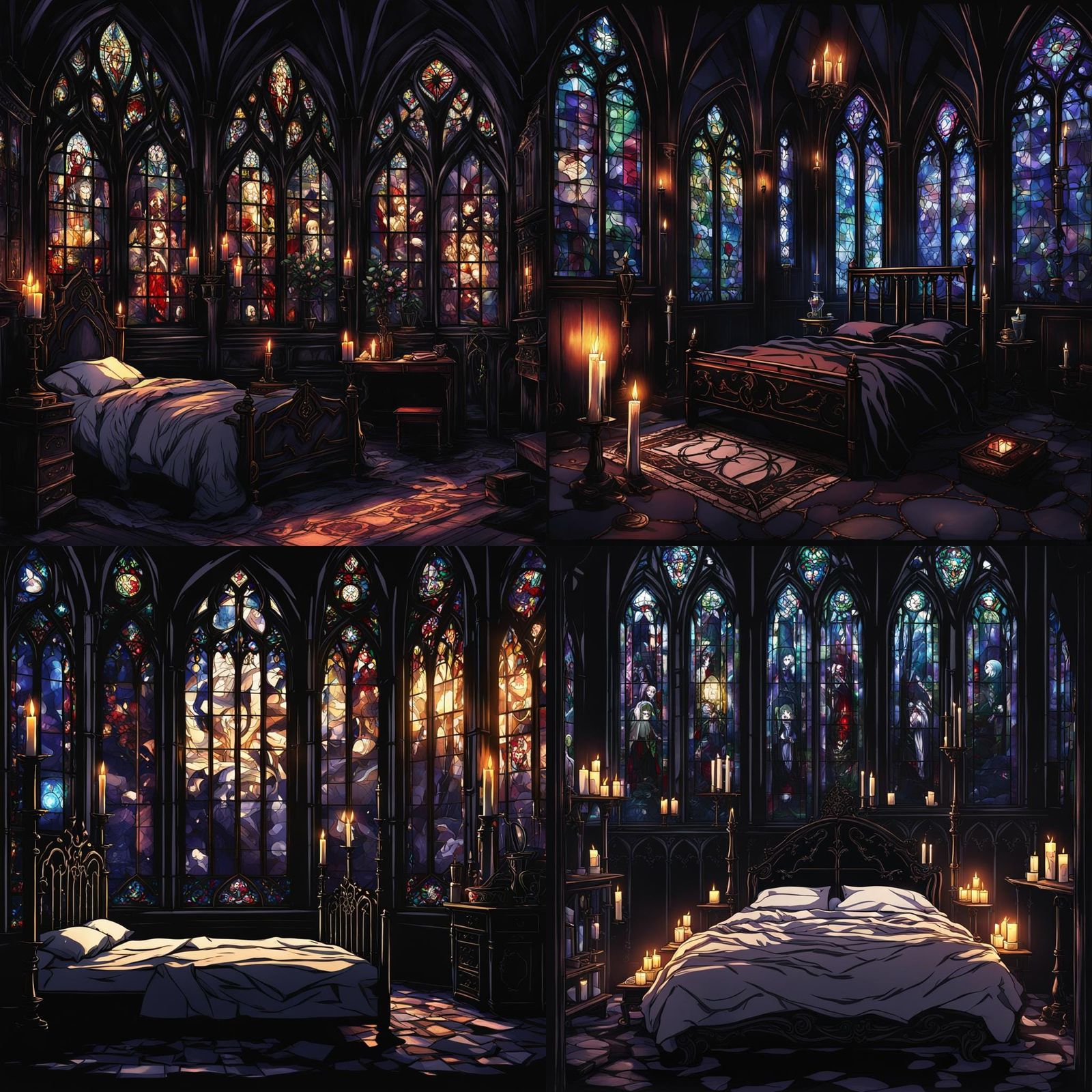 Gothic Bedroom with Stained Glass in Anime Style