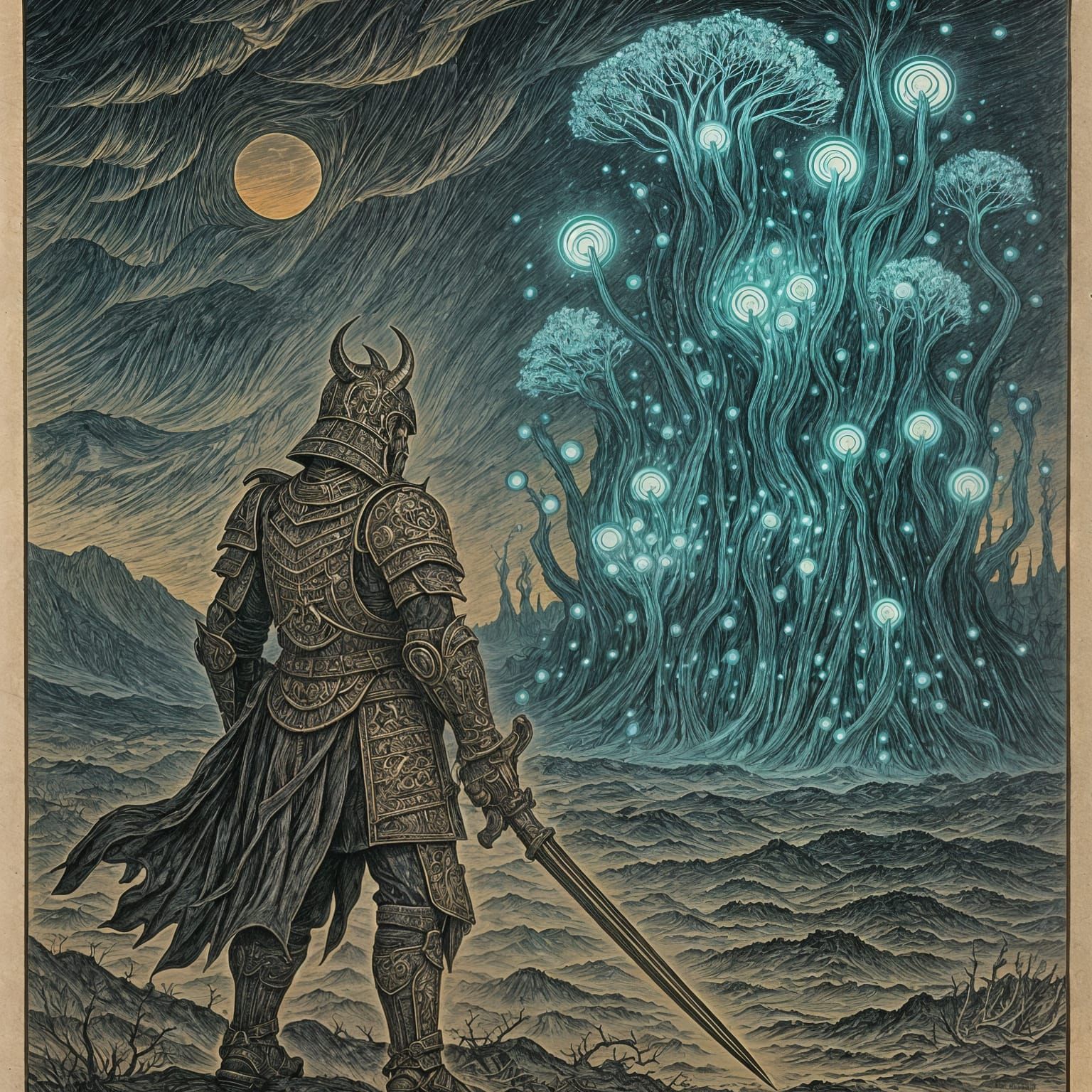 Samurai in Bioluminescent Forest: Ukiyo-e Woodblock Print