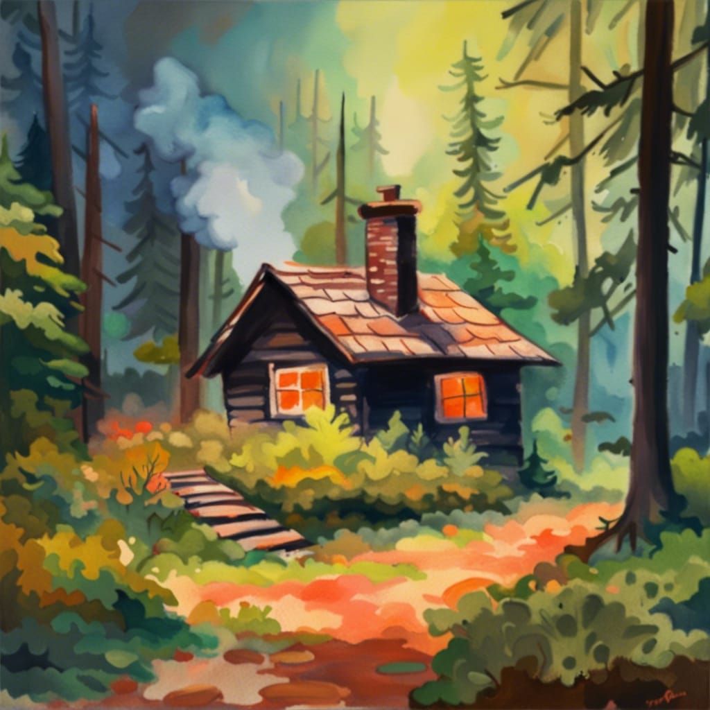 Cozy Cabin in Woods: Gouache Impressionist Masterpiece