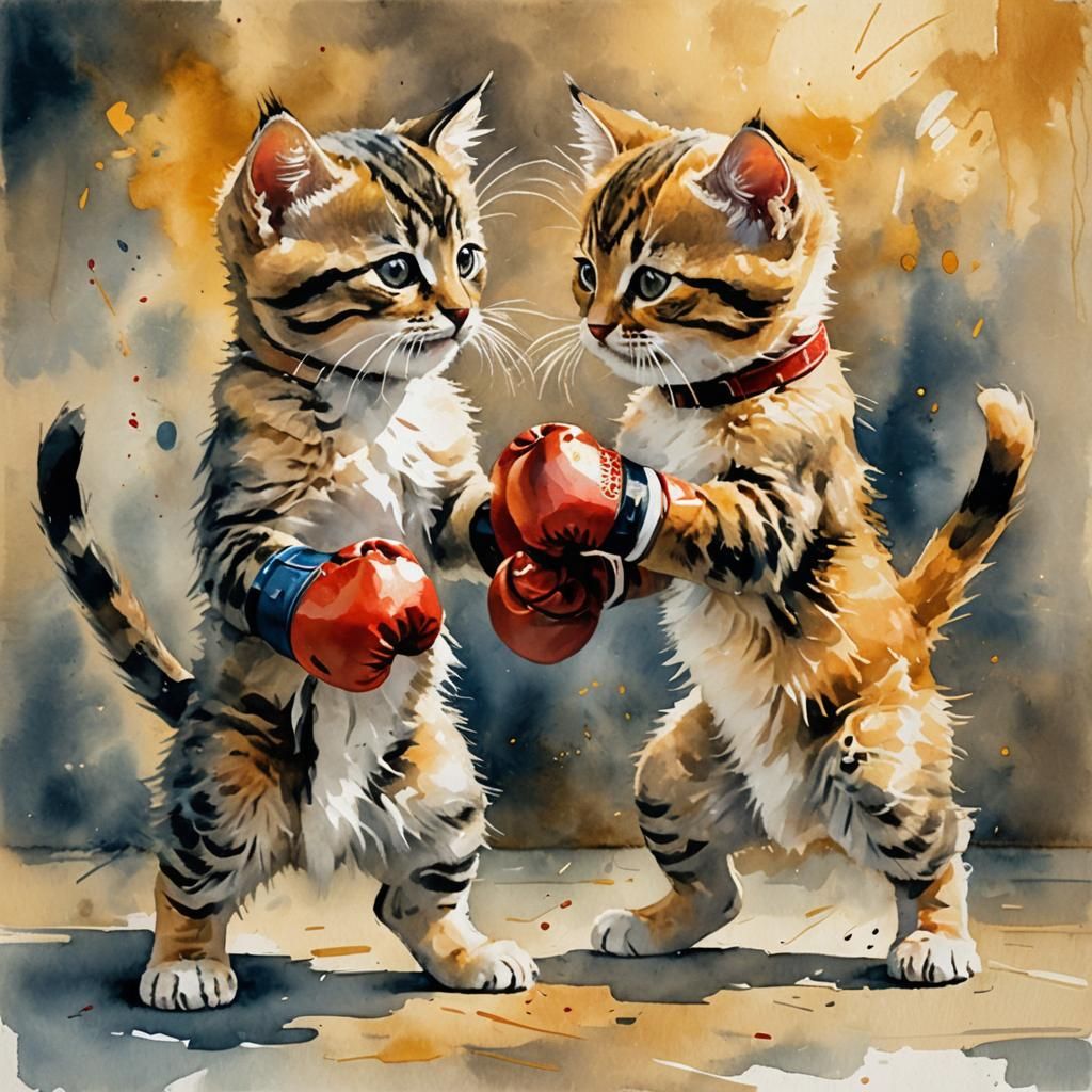 Kittens Boxing in Gouache Watercolor Style