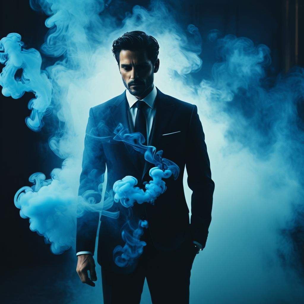 Blue Smoke Man in Black Suit: Cinematic Film Still