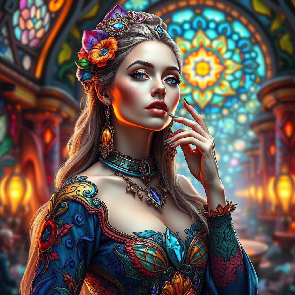 Hyperrealistic Woman in Futuristic Stained Glass