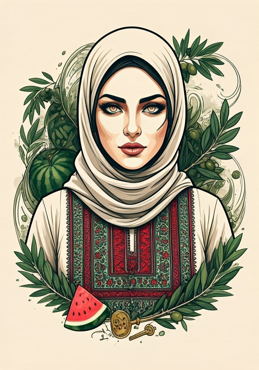 Palestinian Woman Portrait with Arabic Motifs in Surreal Sty...