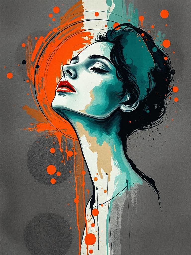 Abstract Painting of a Woman in Orange and Turquoise