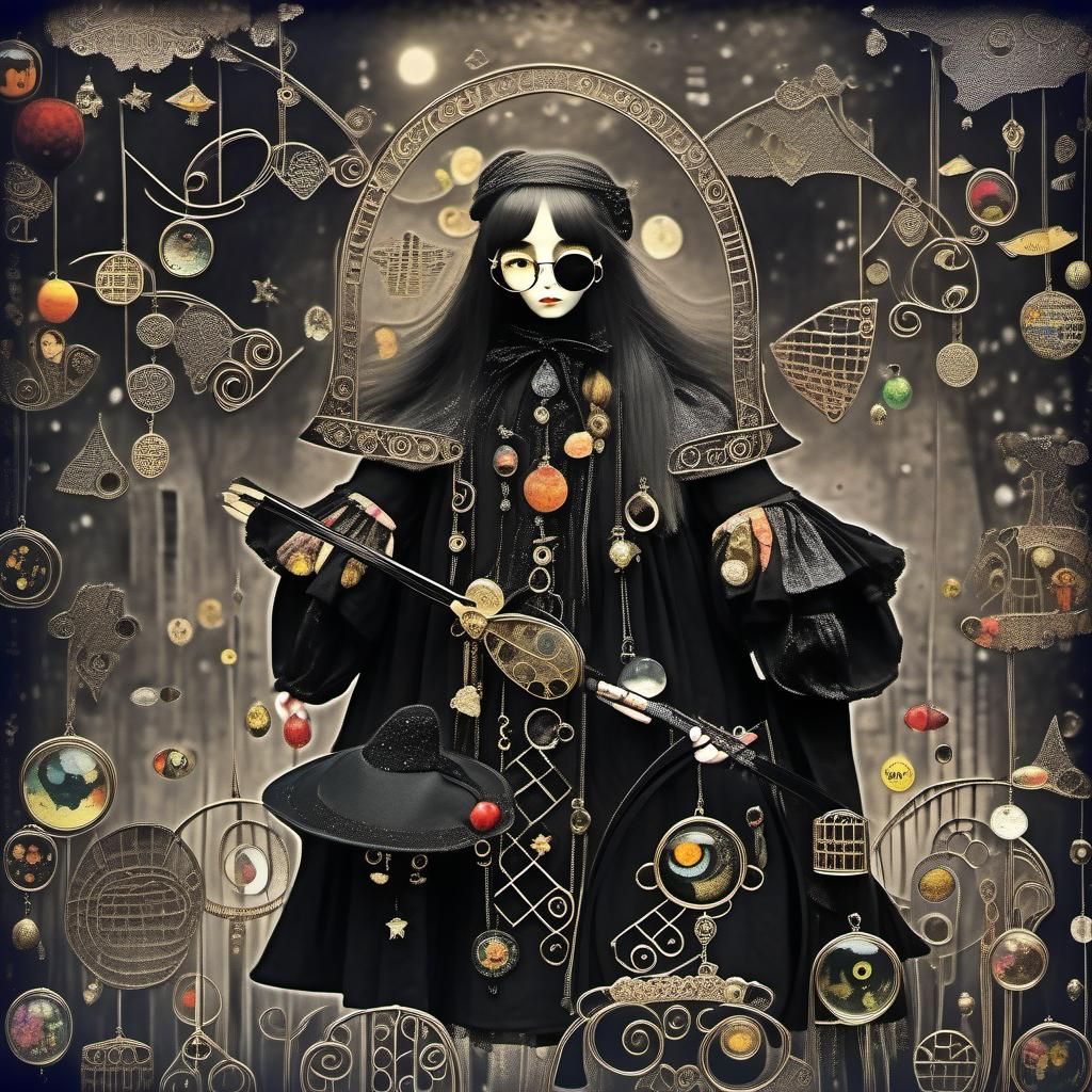 Anime Goth Witch with Glasses in Mixed Art Styles