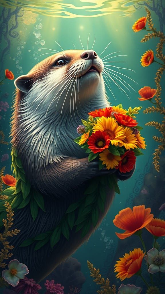 Majestic Seaweed Cloaked Otter Swims to Bride with Vibrant F...