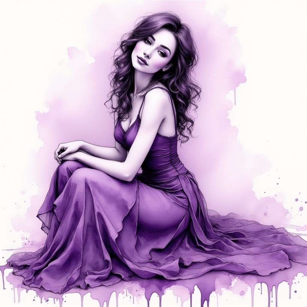Woman in Elegant Monochrome Purple Attire, Ink Painting