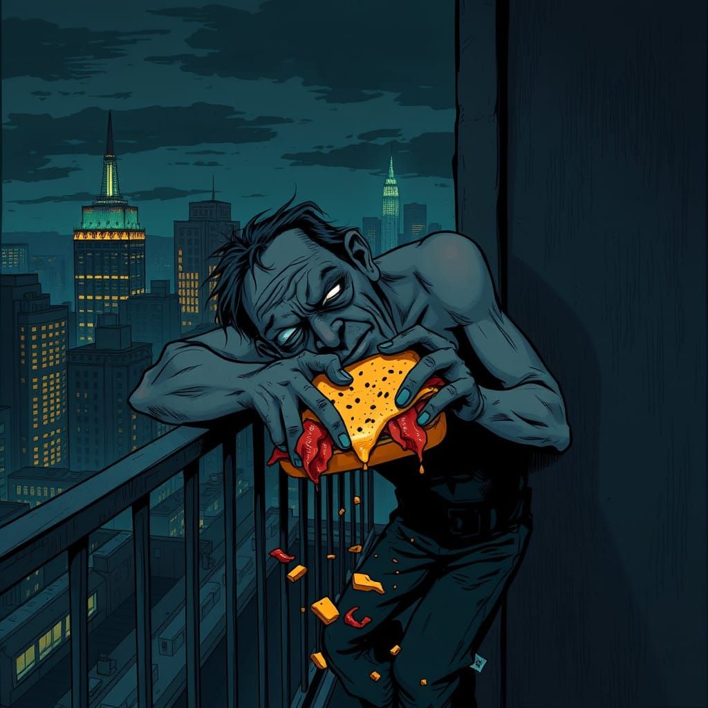 Inebriated Figure Clings to Bacon Cheddar Melt on Balcony Ra...