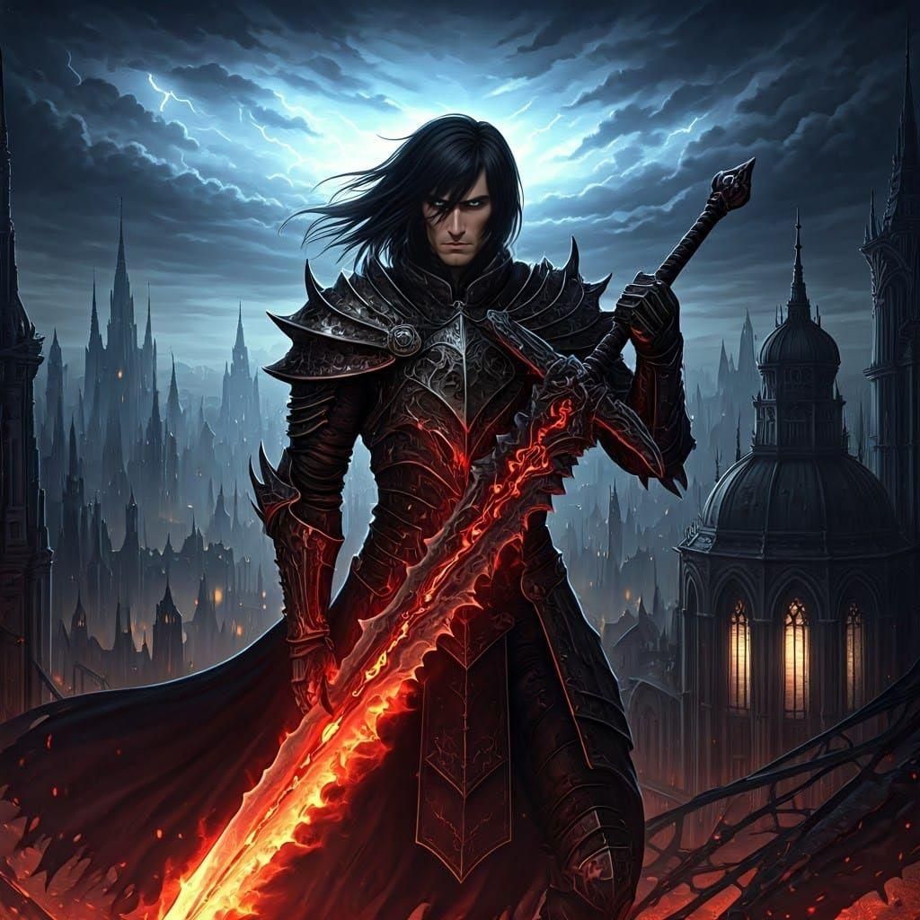 Dark Fantasy Warrior in Gothic Cityscape
