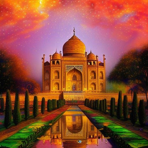 Taj Mahal in Ethereal Garden at Sunset