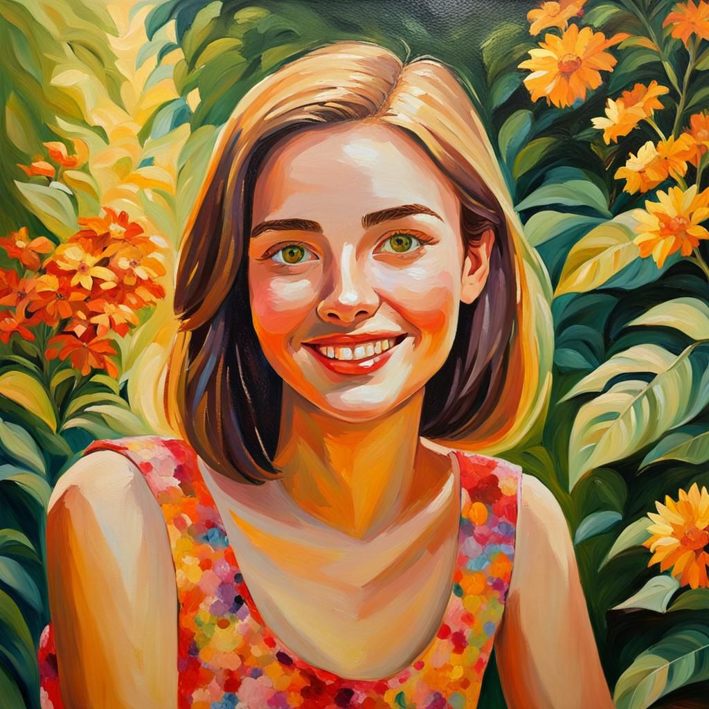 Impressionist Oil Painting of Young Woman in Garden