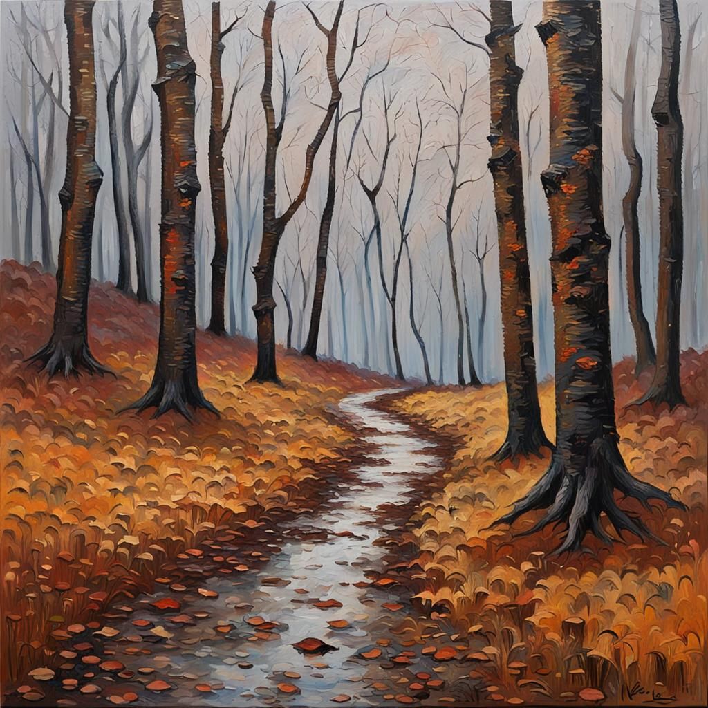 Dog in Woods: Neo-Impressionist Oil Painting