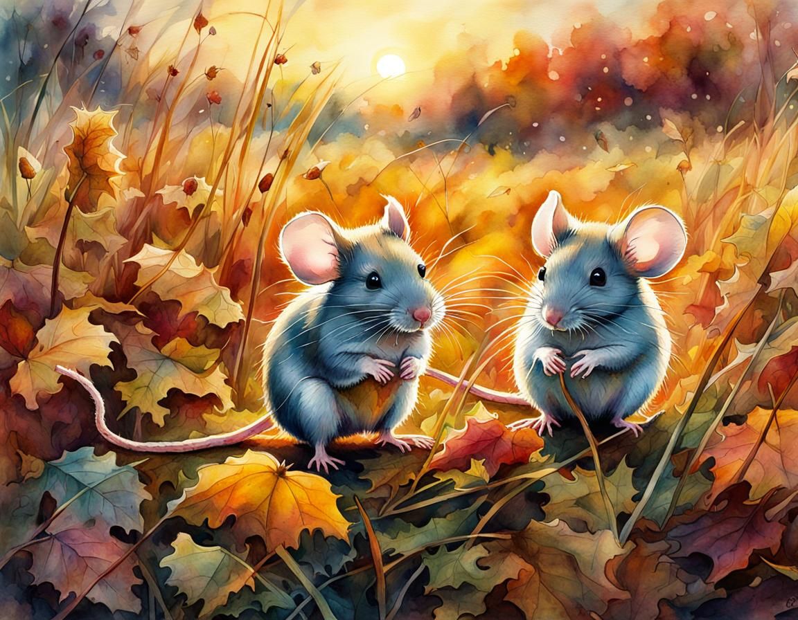 Cute Mice in Autumn Meadow: Watercolor Illustration