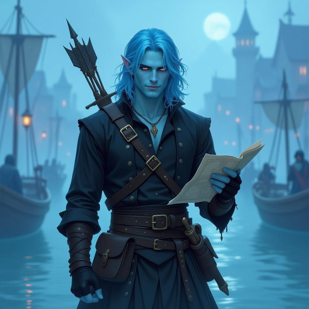 Water Genasi Warrior with Harpoon in Misty Port City