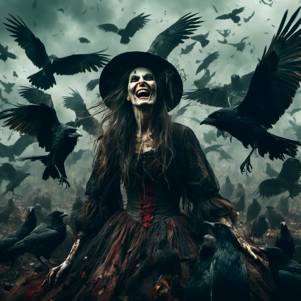 Macabre Witch Surrounded by Crows
