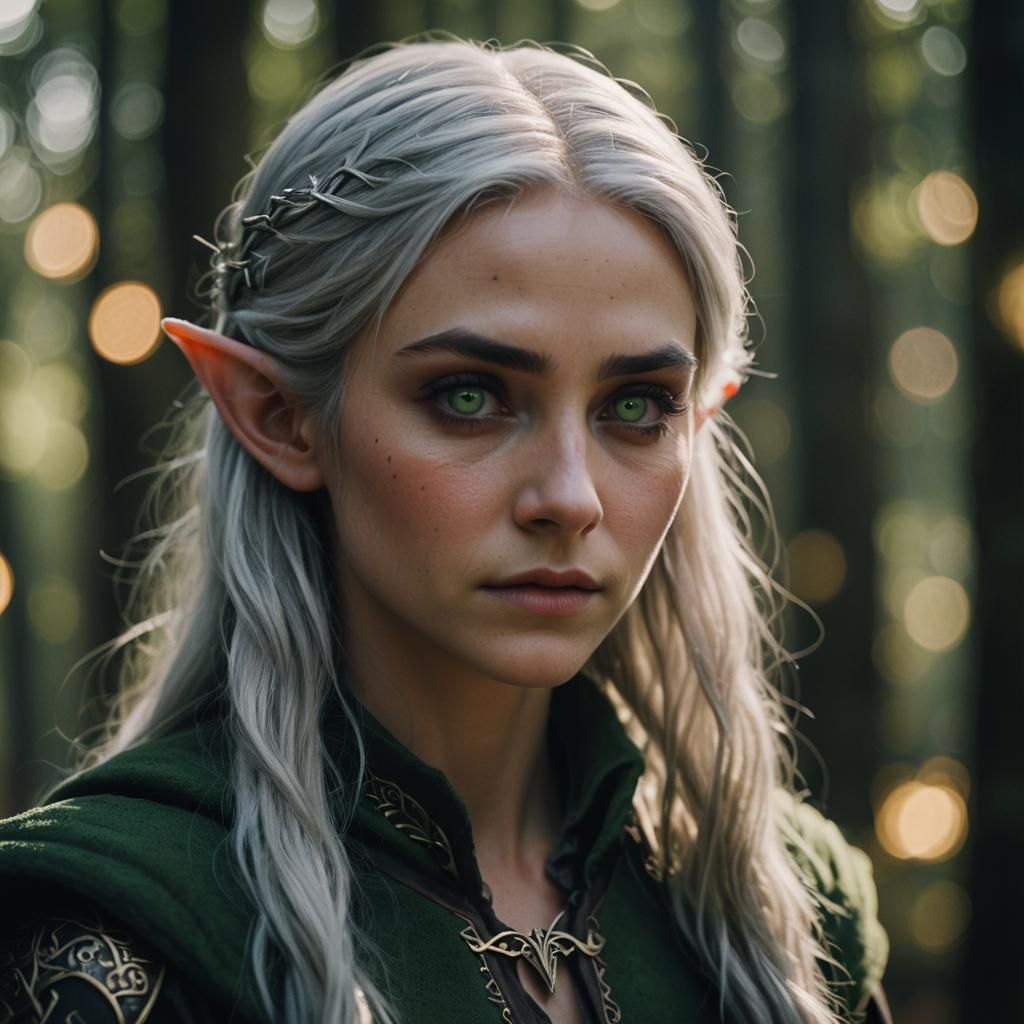 Beautiful Elf with Silver Hair in Dark Fantasy Style