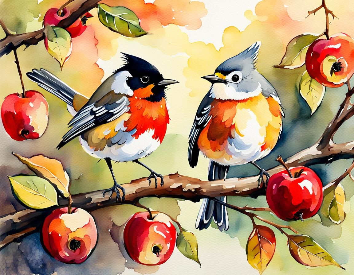 Robin and Titmouse on Apple Tree Branch Watercolor