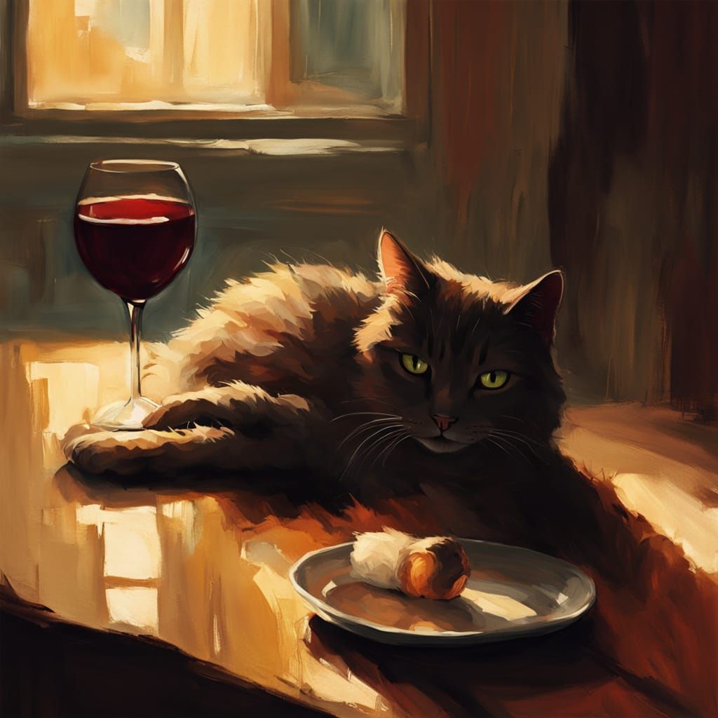 Warm Impressionist Scene with Cat, Red Wine, and Sunlit Dust...