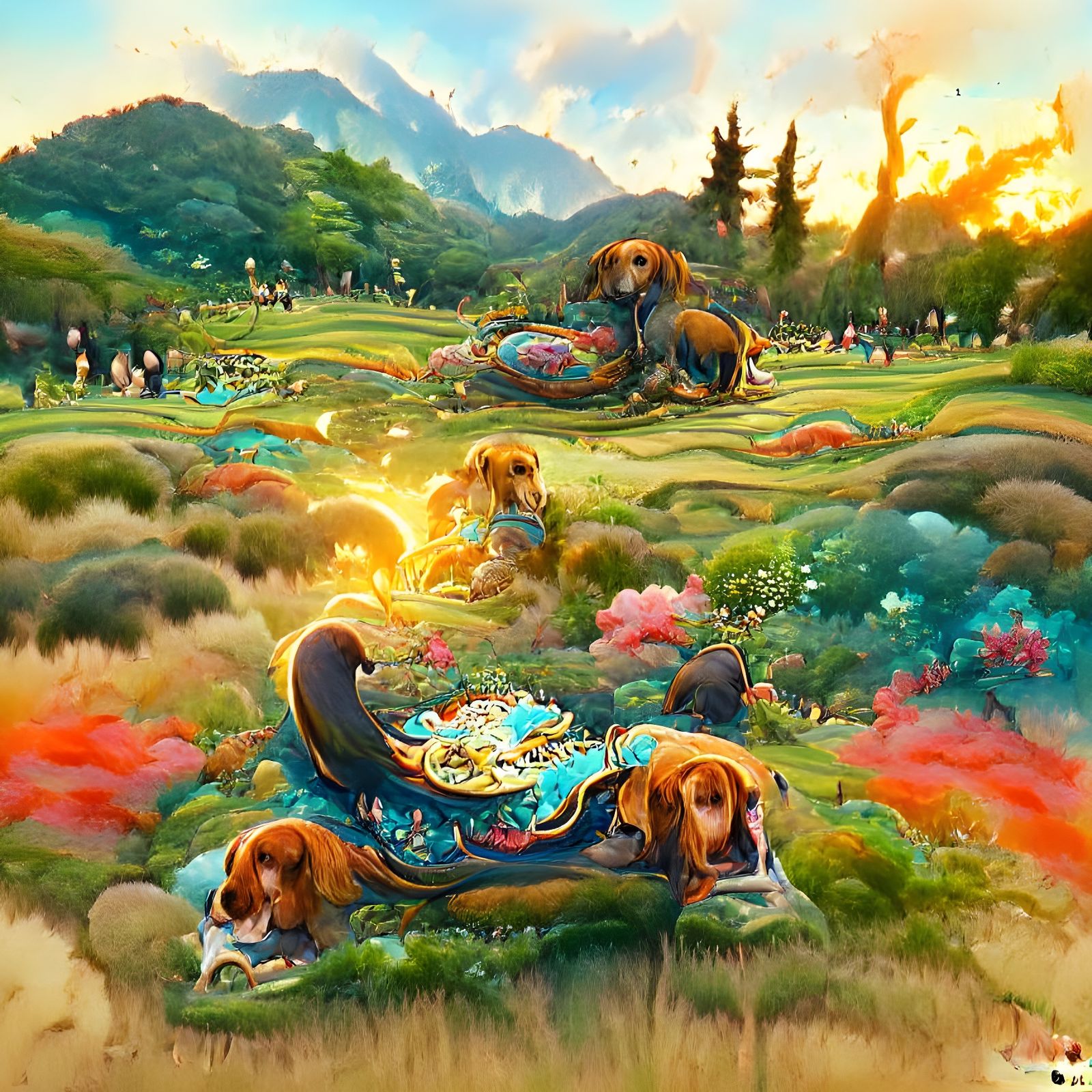 Dogs Picnic in Lush Meadow, Studio Ghibli Style