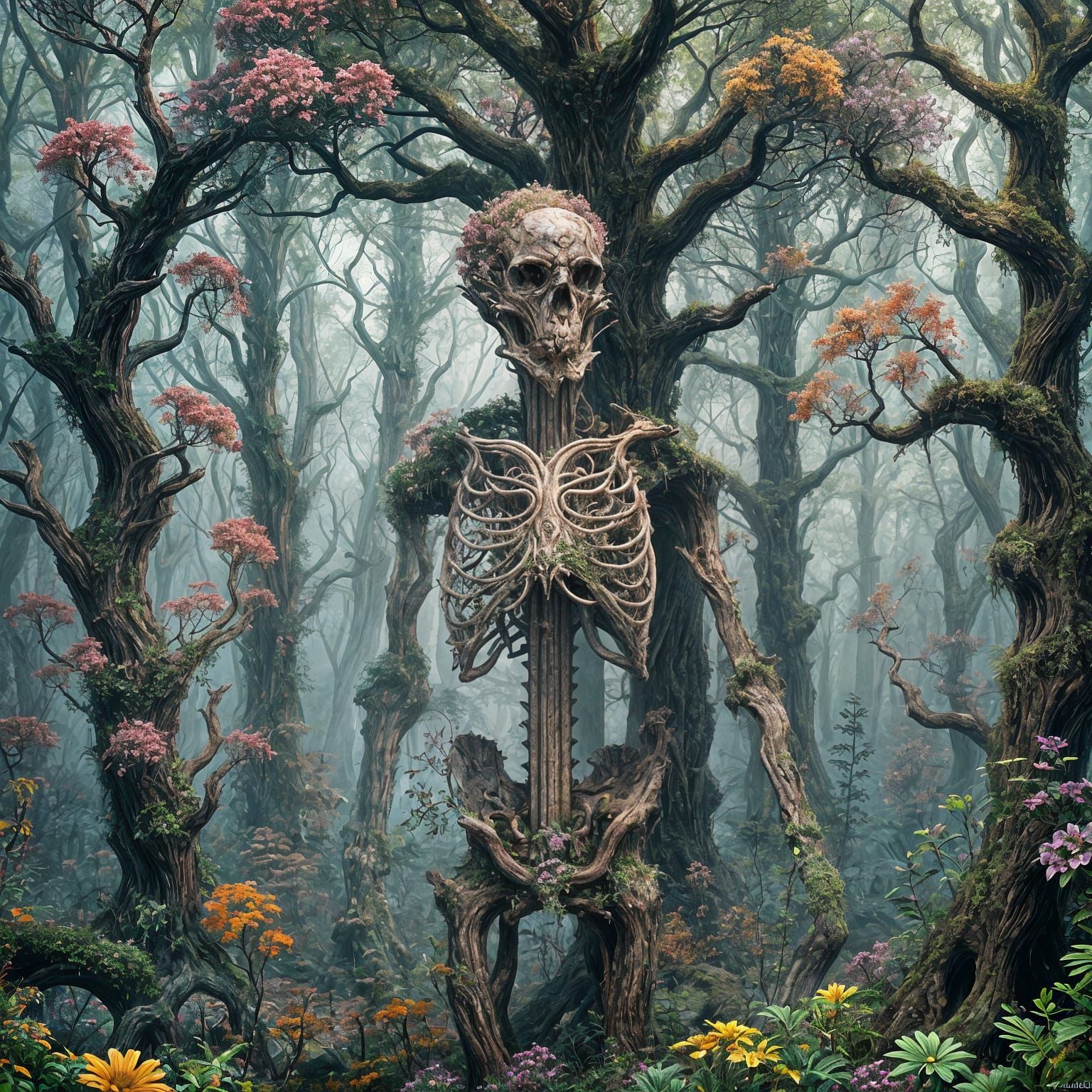Floral Skeleton in Misty Forest: Detailed Matte Painting