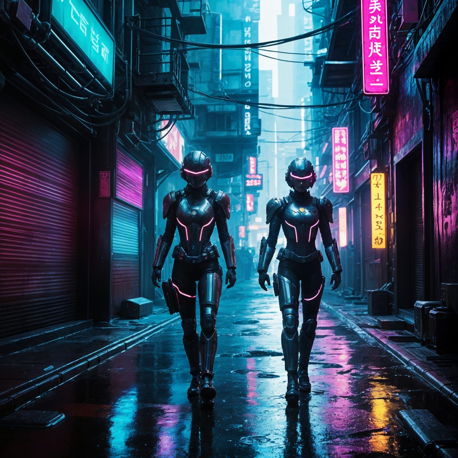Cyberpunk Female Superheroes Clash in Neon-Lit Dark Alleyway