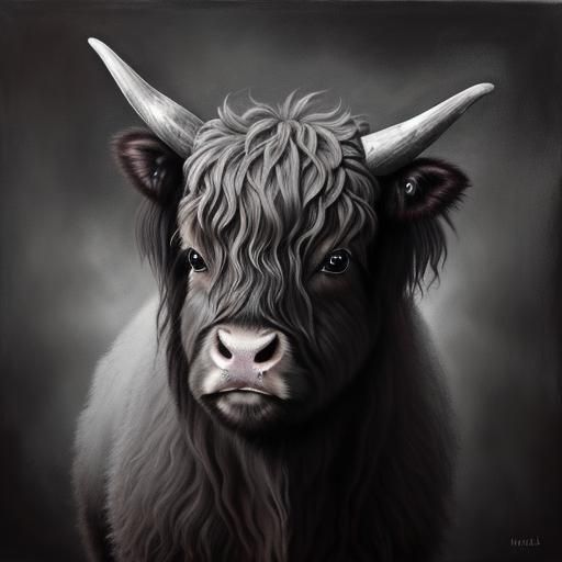 Cute Fluffy Highland Calf in Rich Charcoal Pastels