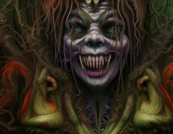 Scary Banshee in Dark Forest: Detailed Polychromatic Art