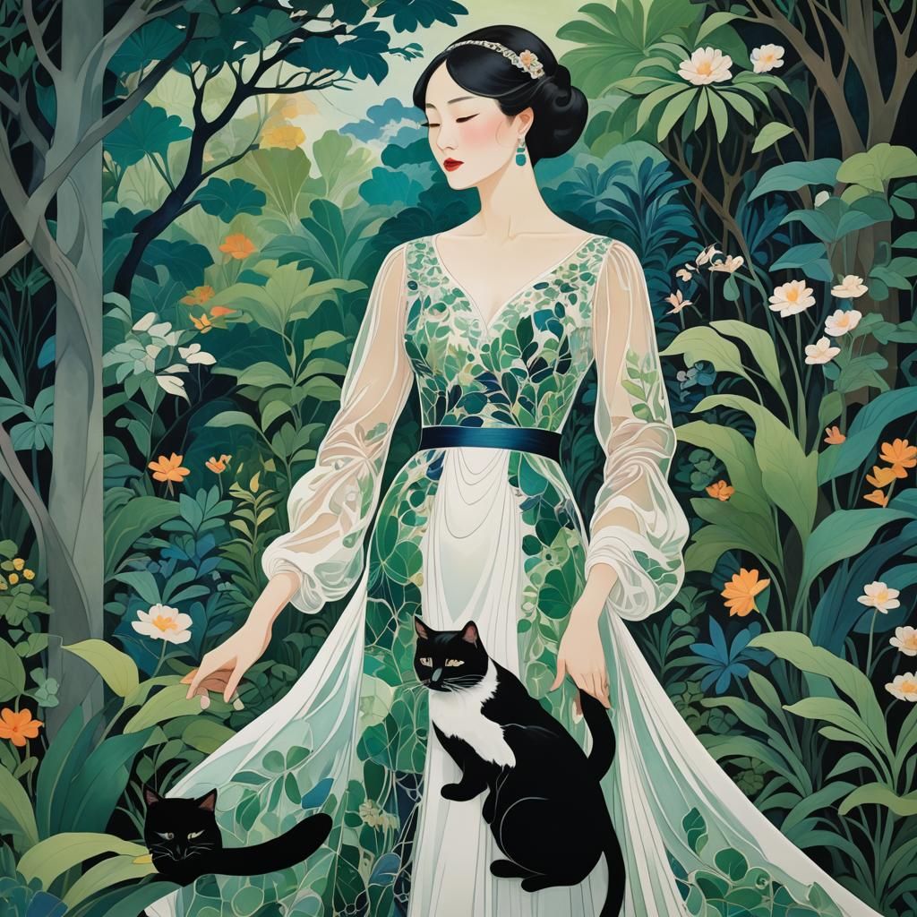 Elegant Lady with Black Cat: Art Nouveau Style