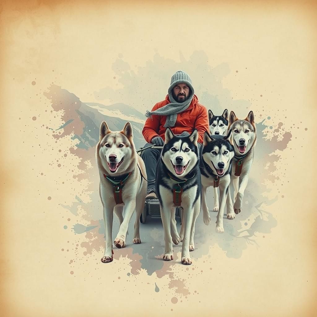 Dog Sled in Snowy Mountains: Surreal Double Exposure