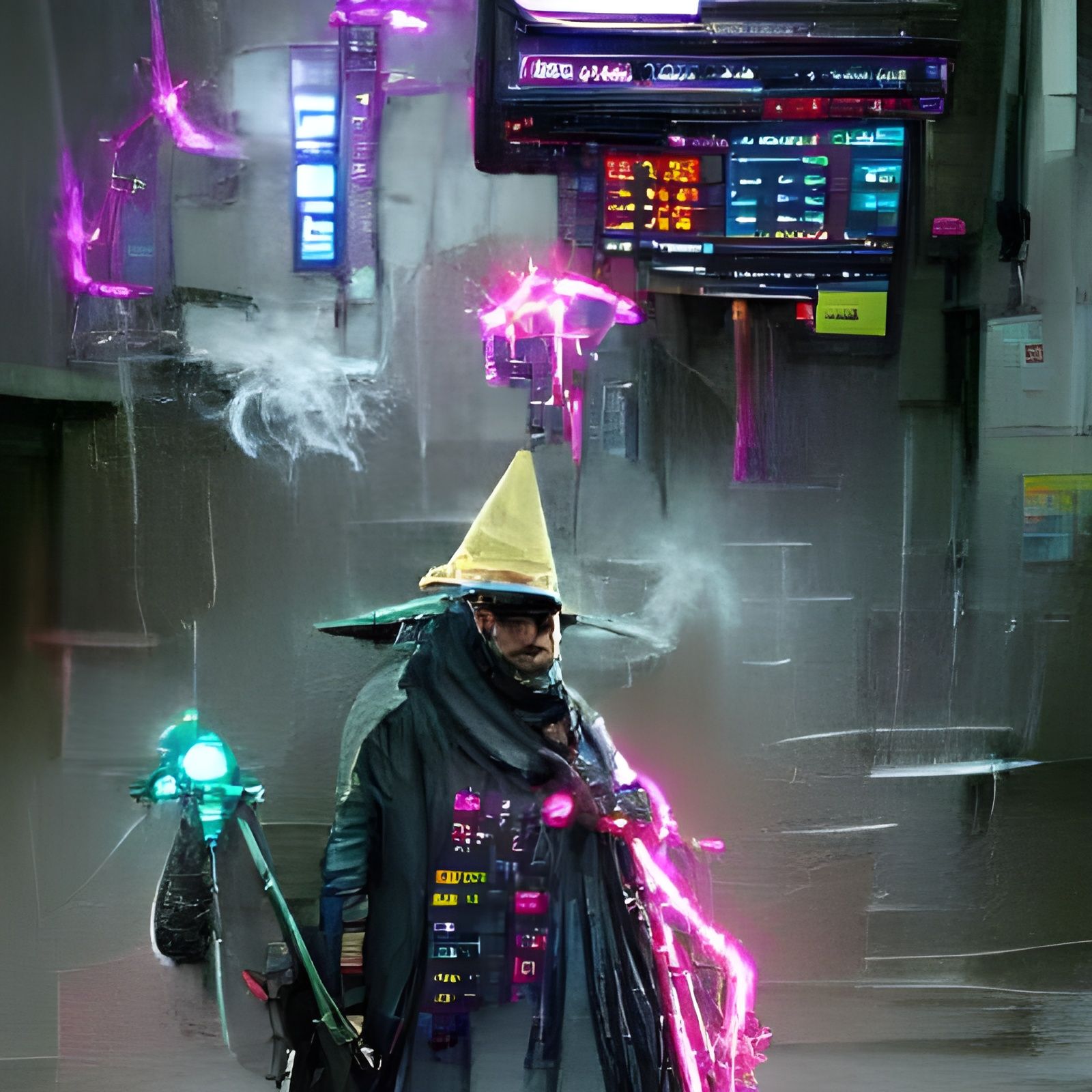 Cyberpunk Wizard Casting Spell in Neon Cityscape
