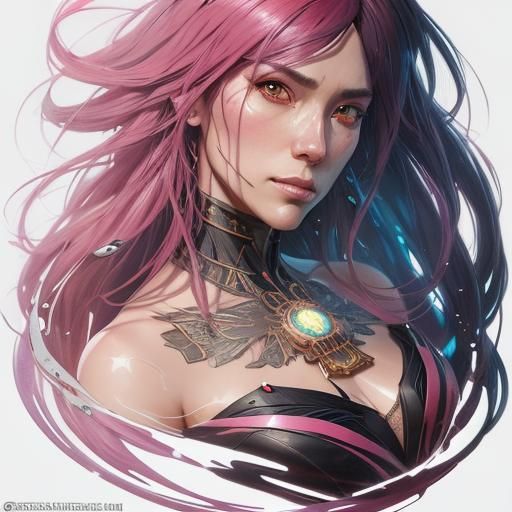 Black and Pink Hair Portrait in Splash Art Style