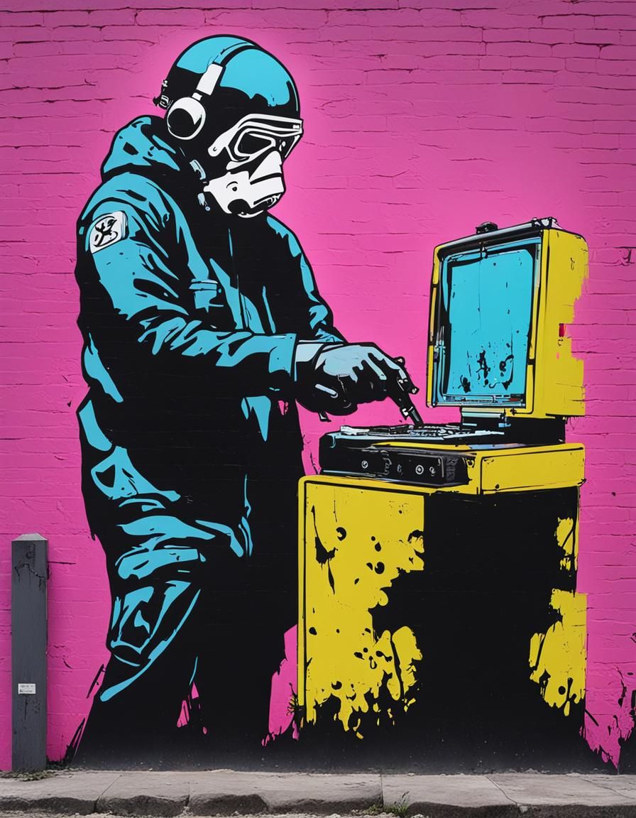 Subversive Street Art in Banksy Style with Neon Accents