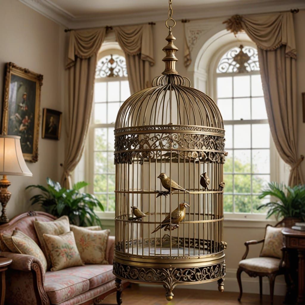 Antique Victorian Birdcage With Tweety Bird Inside